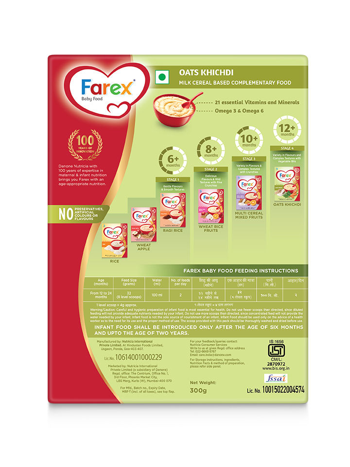 Farex Oats Khichidi Baby Cereal, After 12 Months, 300 gm Refill Pack, Pack of 1 