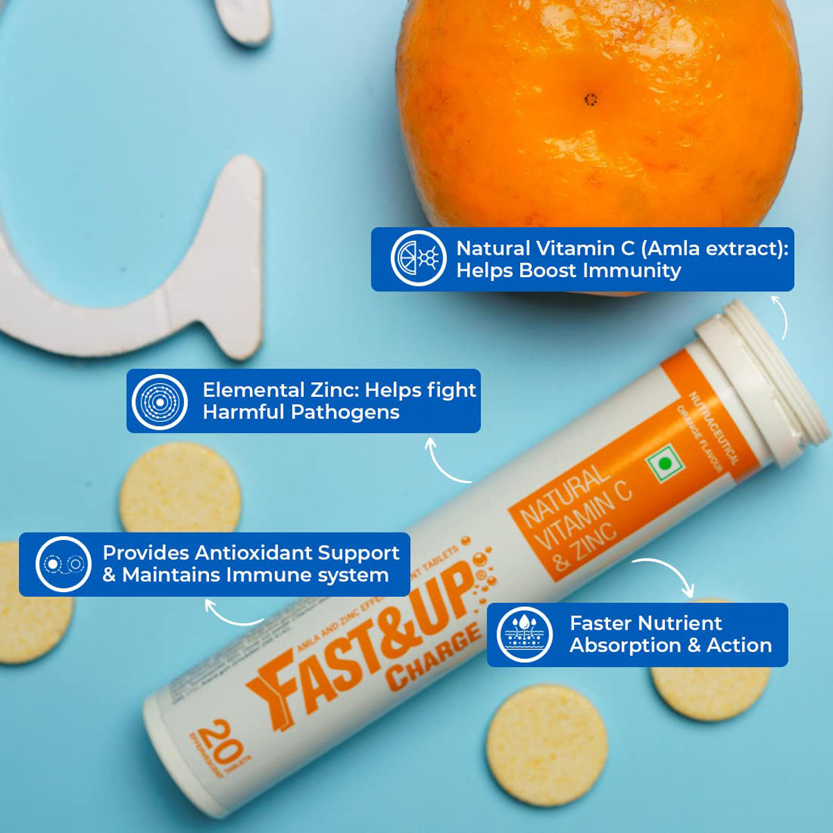 Fast&Up Charge Natural Vitamin C & Zinc Orange Flavour, 20 Effervescent Tablets, Pack of 1 TABLET