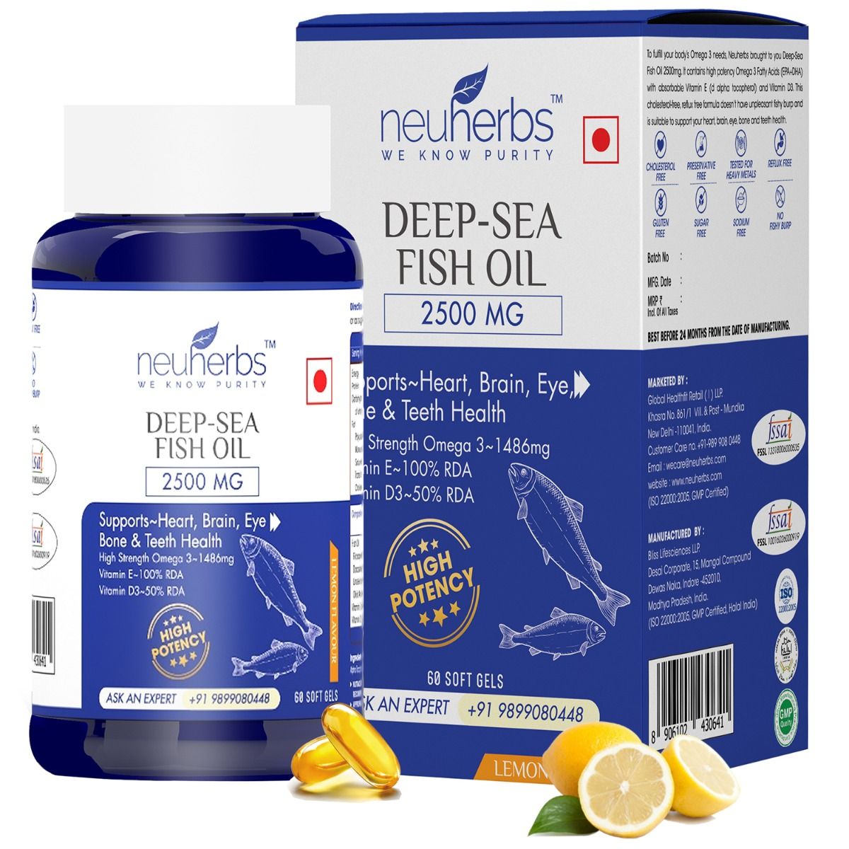 Buy Neuherbs Deep-Sea Fish Oil Lemon Flavoured 2500 mg, 60 Softgels Online