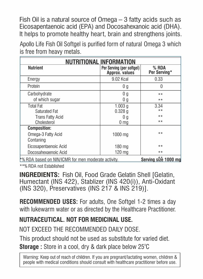 Apollo Life Omega-3 Fish Oil 1000 mg, 30 Capsules, Pack of 1 