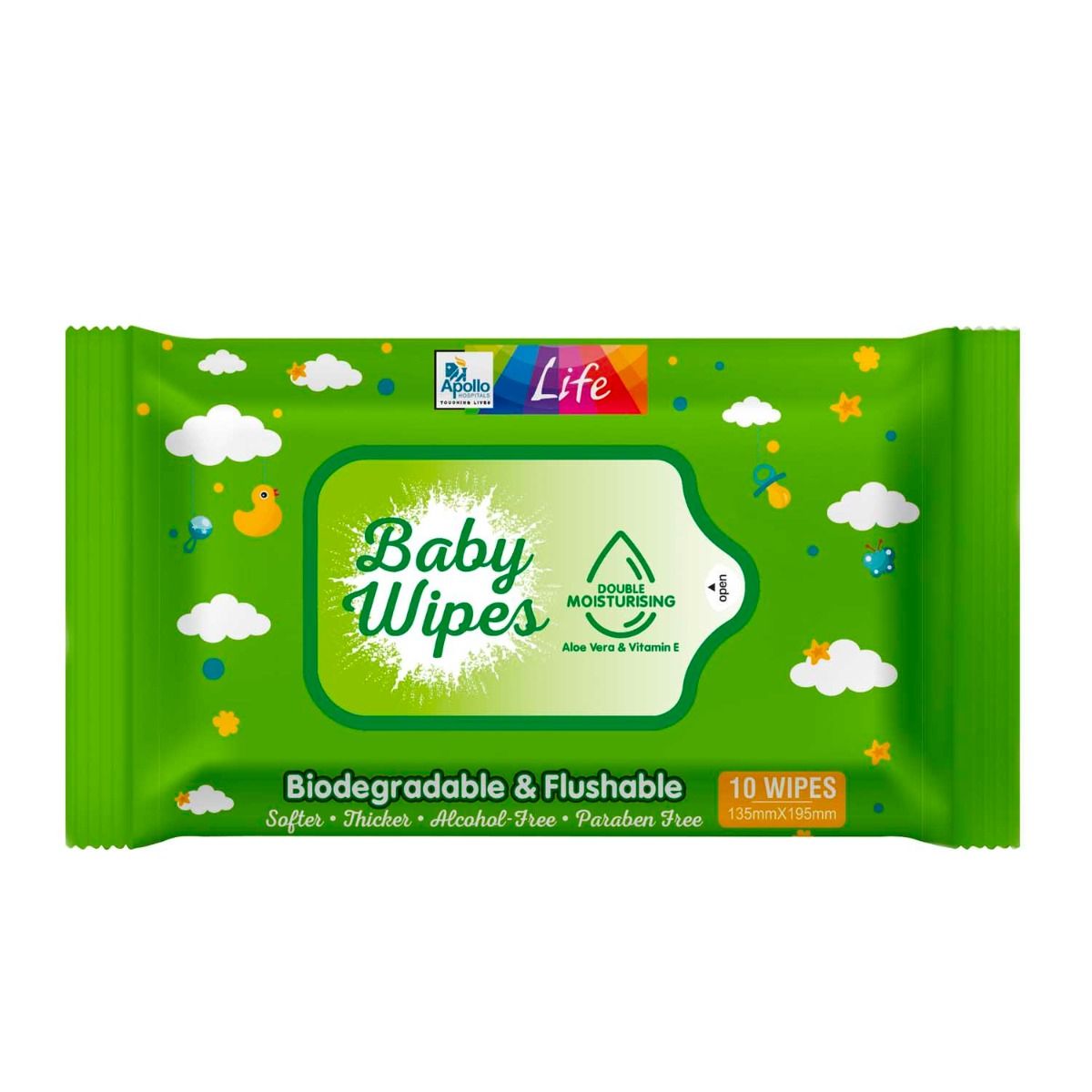 Apollo Pharmacy Biodegradable & Flushable Baby Wipes, 10 Count, Pack of 1 