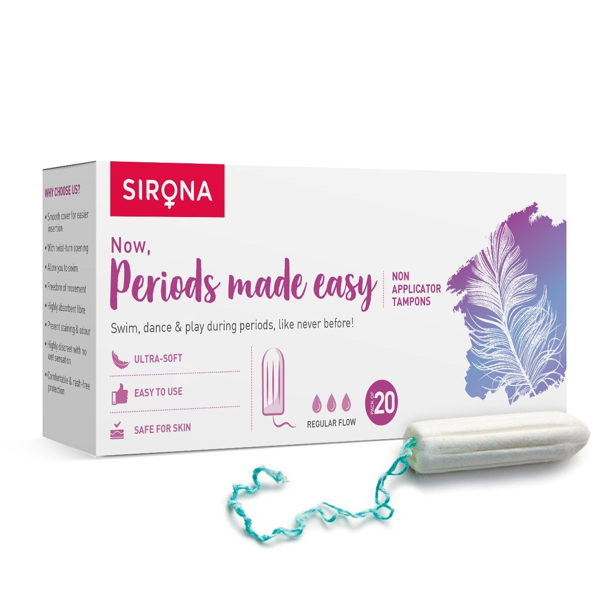 Sirona Now, Periods Made Easy Regular Flow Tampons, 20 Count, Pack of 1 