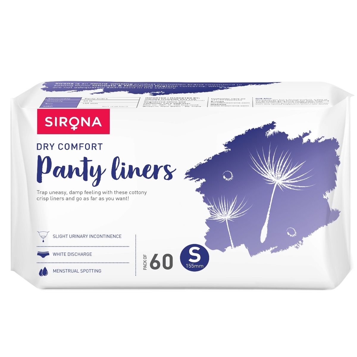 Buy Sirona Dry Comfort Panty Liners Small, 60 Count Online