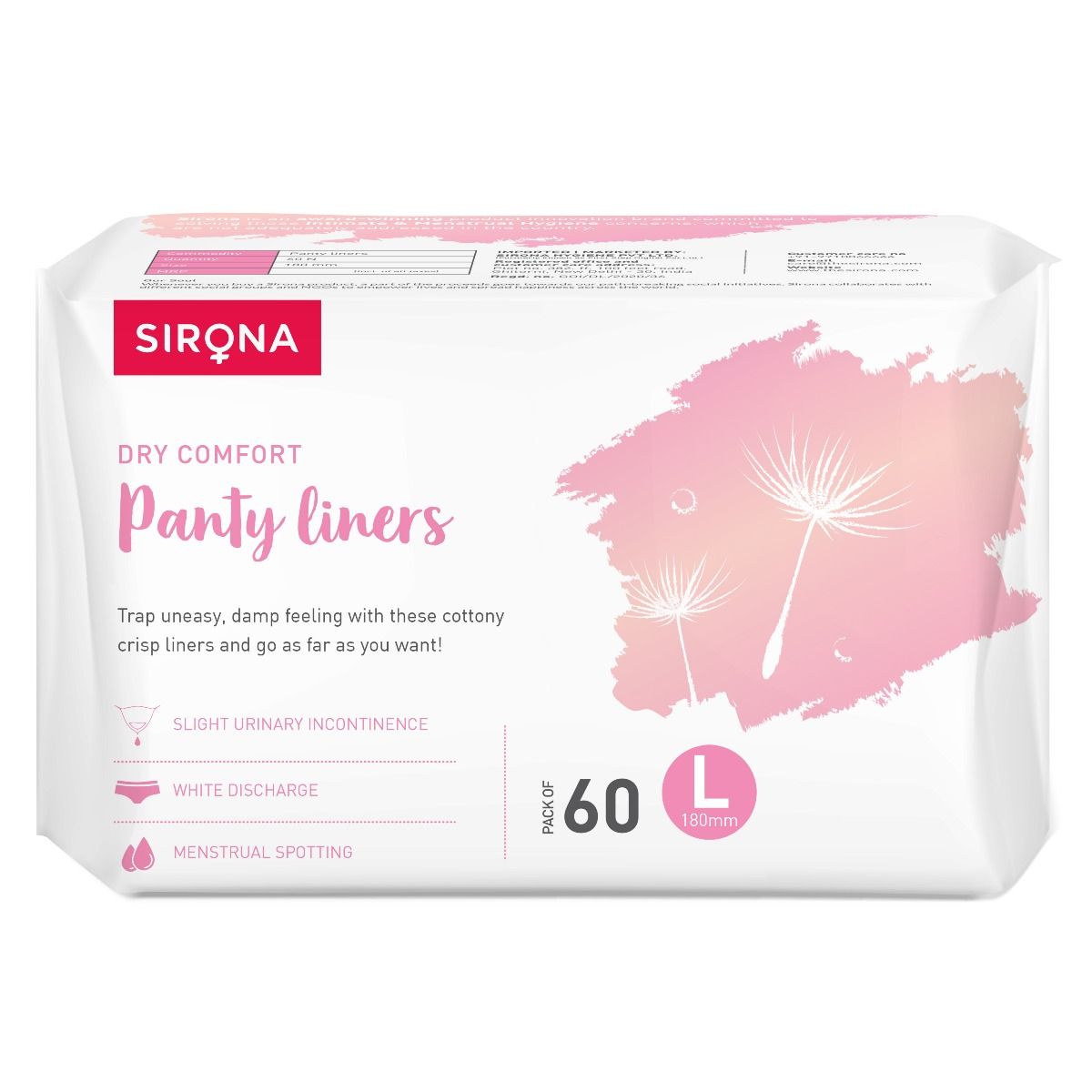 Sirona Dry Comfort Panty Liners Large, 60 Count, Pack of 1 