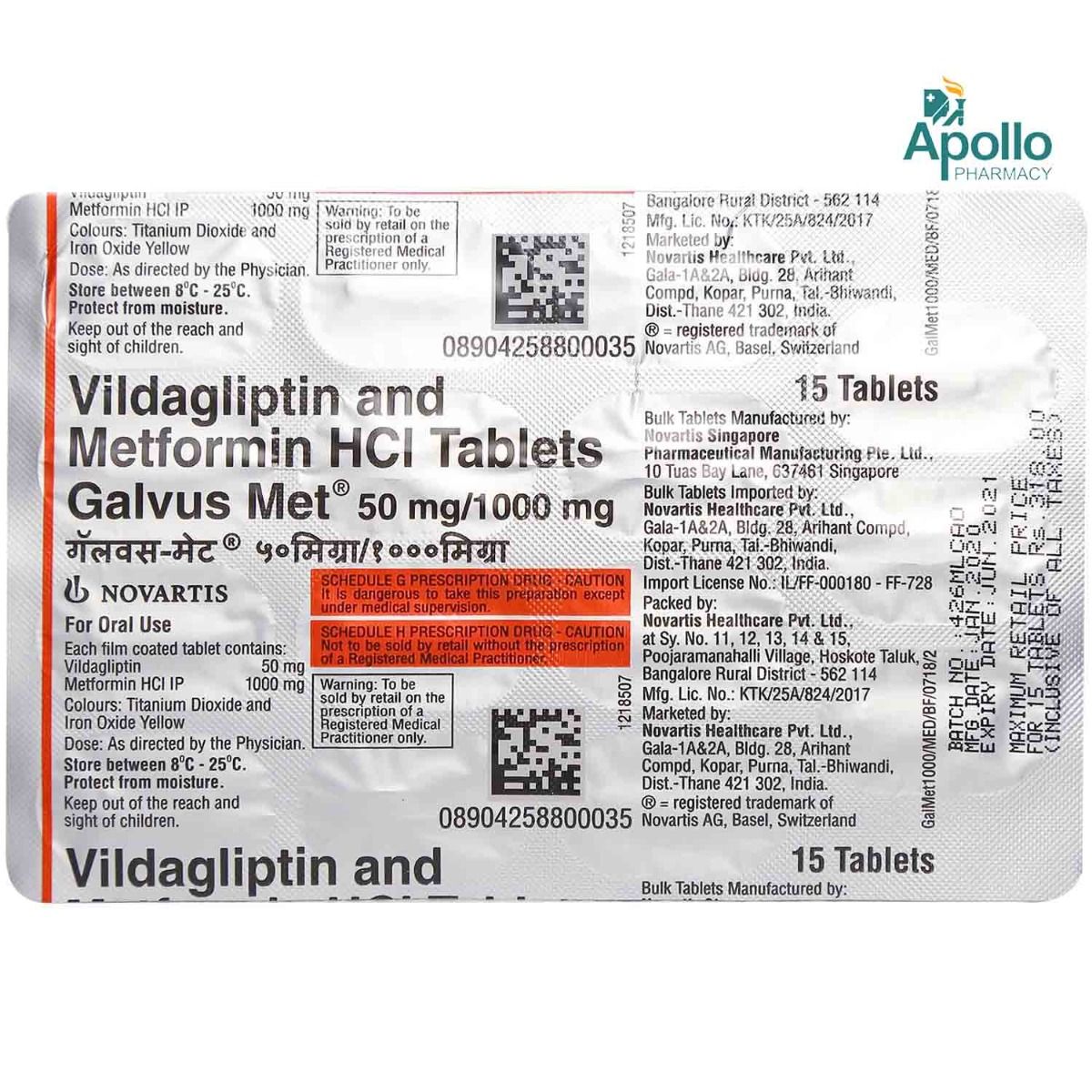 Galvus Met 50 mg/850 mg Tablet 15's, Pack of 15 TABLETS