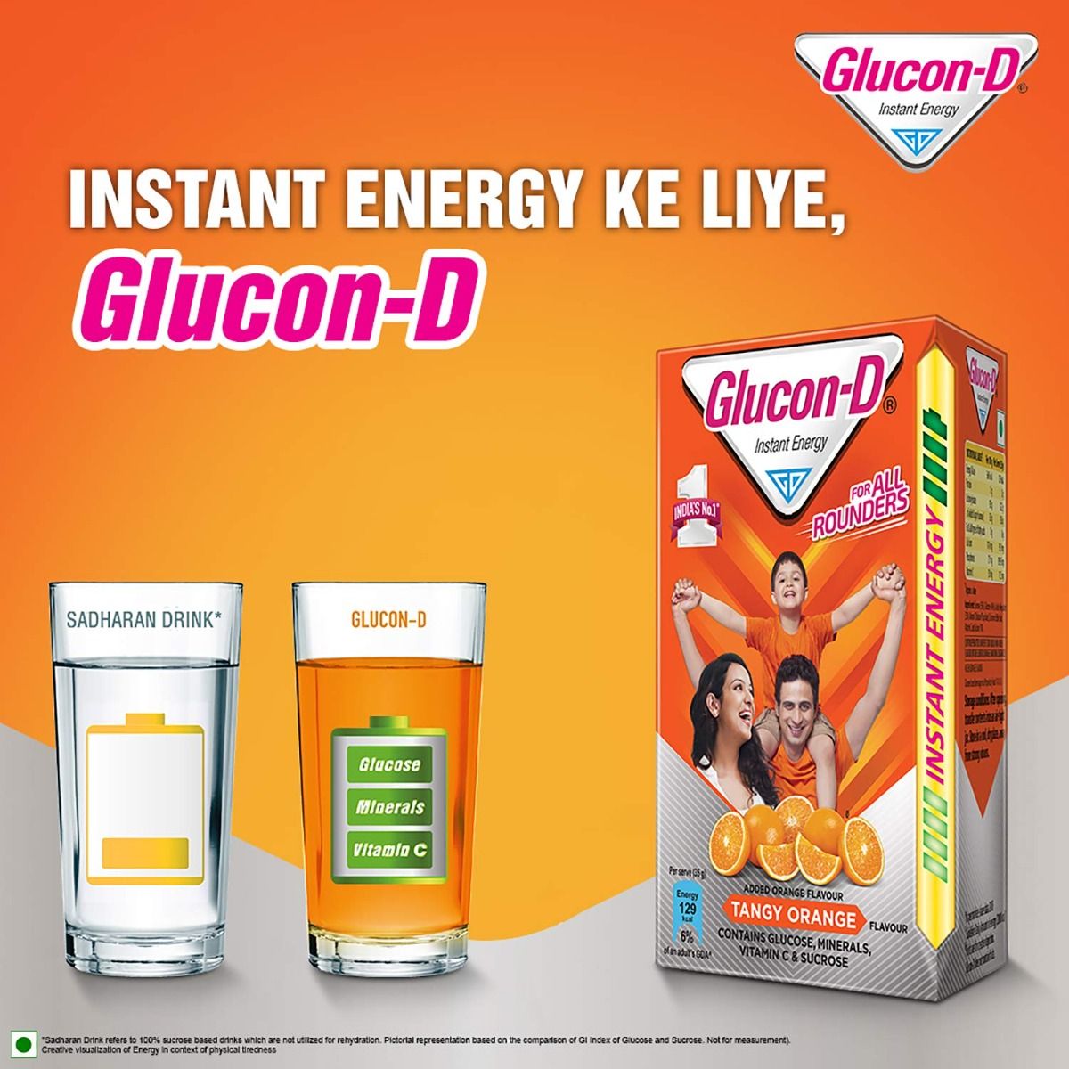 Glucon-D Instant Energy Drink Tangy Orange Flavour Powder, 1 kg Refill Pack, Pack of 1 