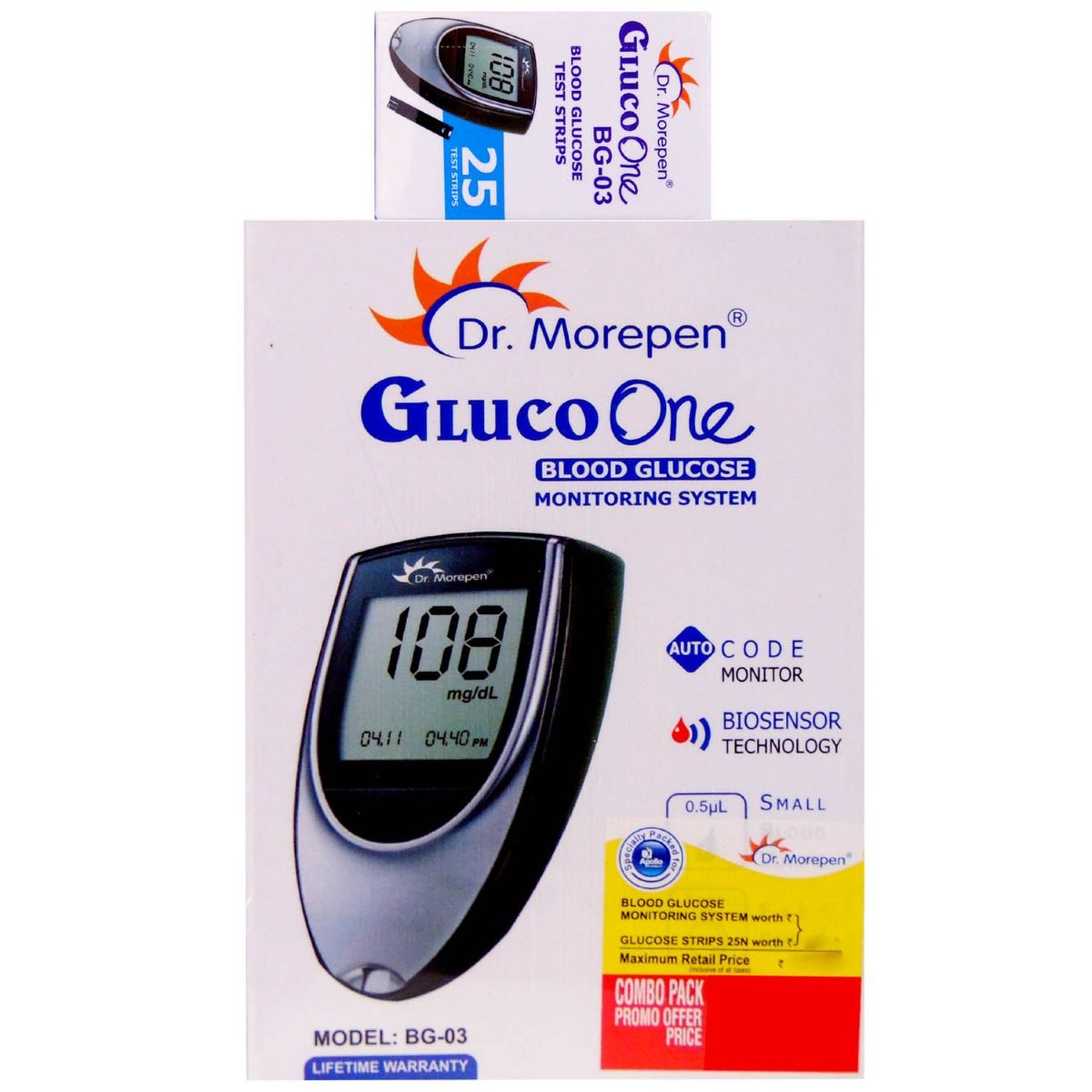 Dr. Morepen Gluco One Blood Glucose Monitoring System BG-03, With 25 Free Test Strips, 1 kit, Pack of 1 