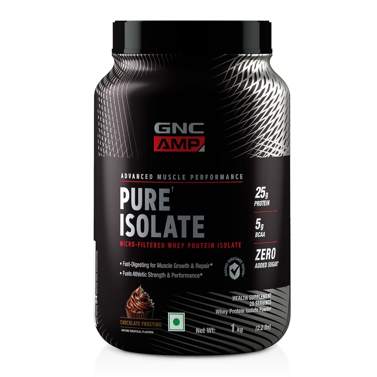 GNC AMP Pure Isolate Whey Protein Chocolate Frosting Flavoured Powder, 1 kg, Pack of 1 
