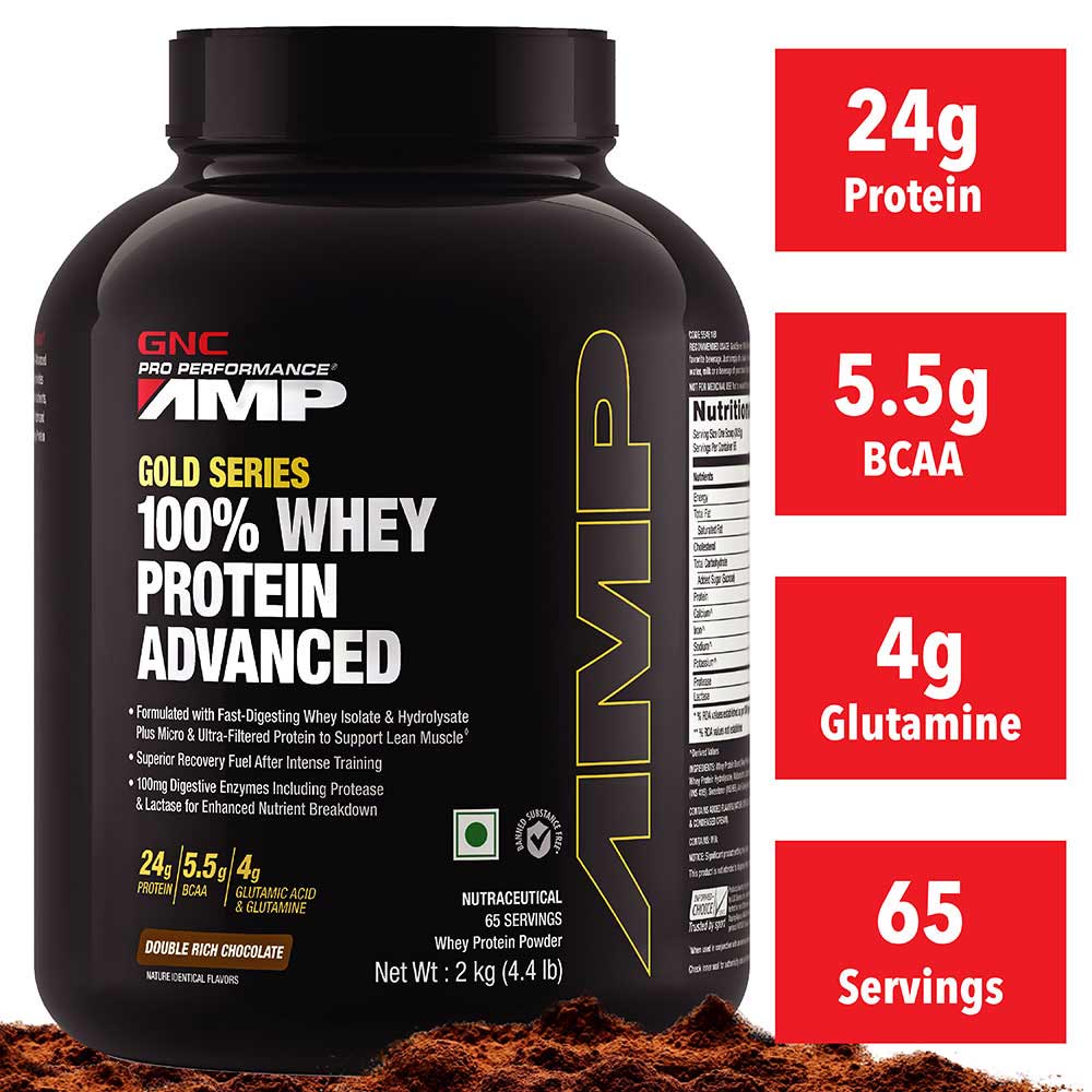 Buy GNC AMP Gold 100% Whey Protein Advanced Double Rich Chocolate Flavour Powder, 2 kg Online