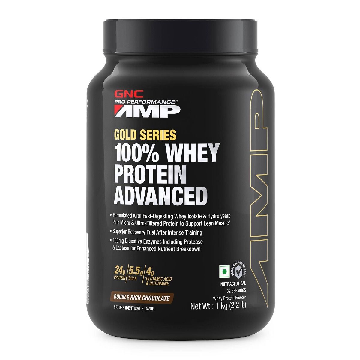GNC AMP Gold 100% Whey Protein Advanced Double Rich Chocolate Flavoured Powder, 1 kg, Pack of 1 