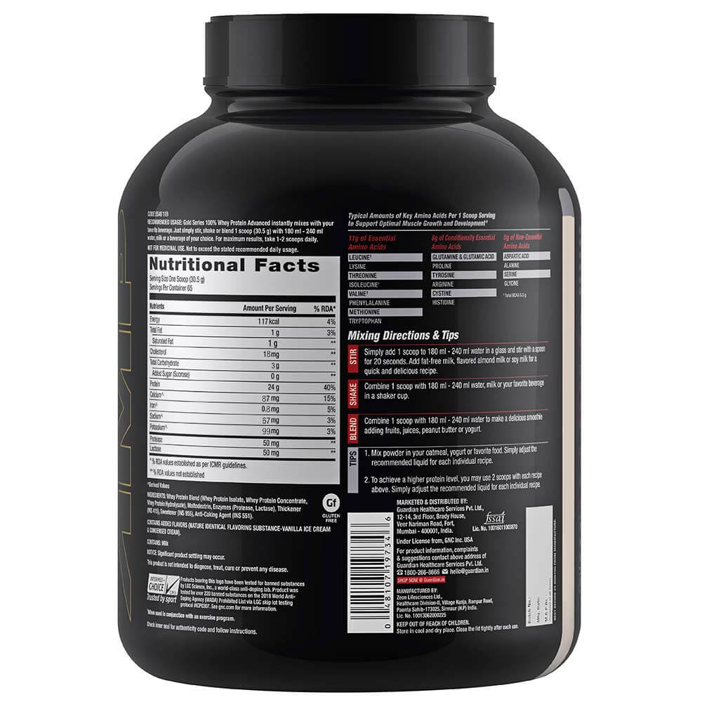 GNC AMP Gold 100% Whey Protein Advanced Double Rich Chocolate Flavour Powder with Free Gym Waist, 2 kg, Pack of 1 