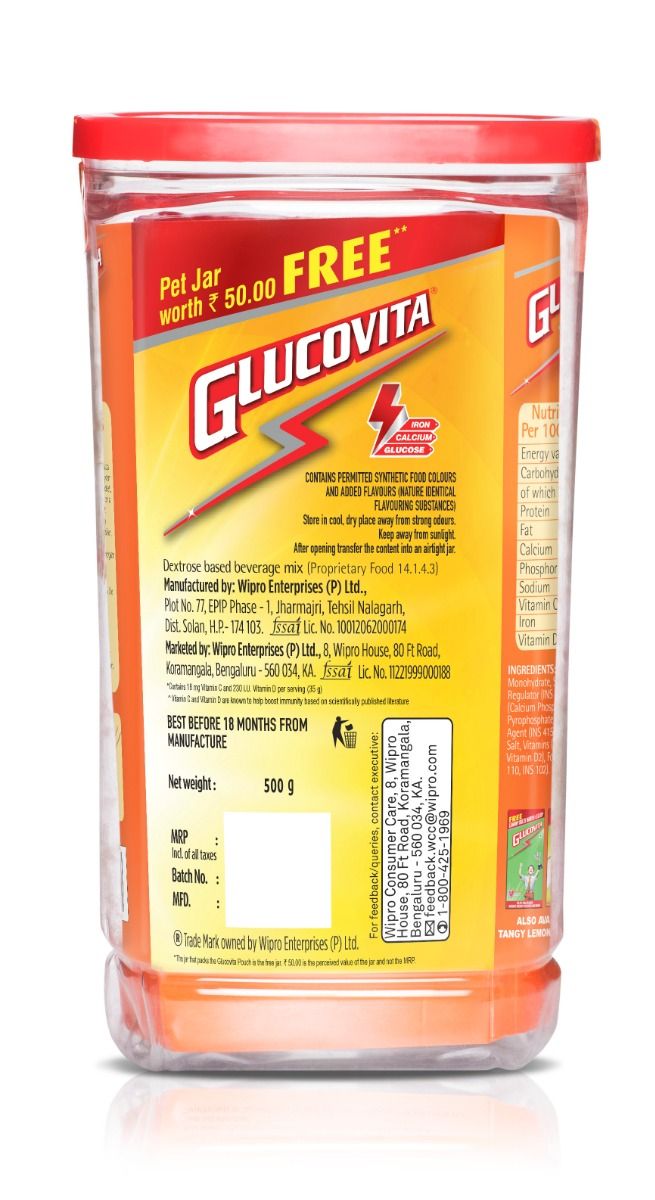 Glucovita Juicy Orange Flavour Powder, 500 gm ( Free Pet Jar ) Price