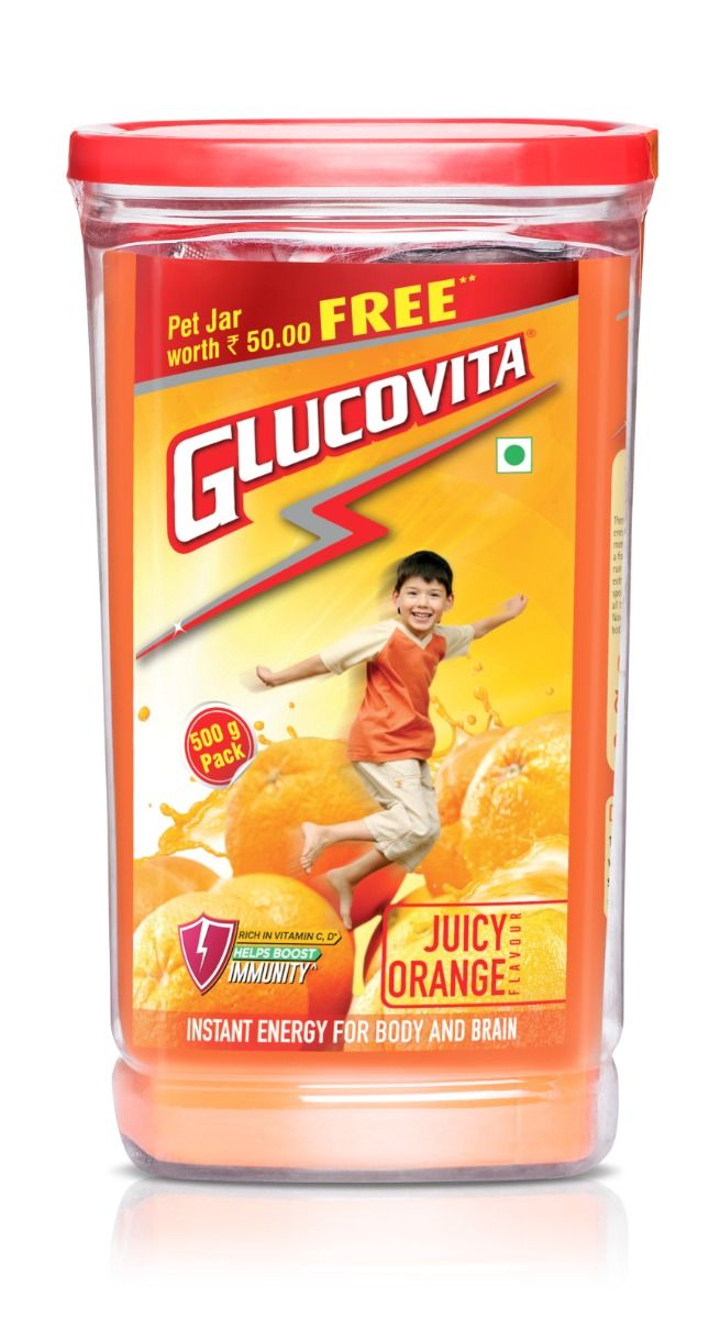 Glucovita Juicy Orange Flavour Powder, 500 gm ( Free Pet Jar ) Price