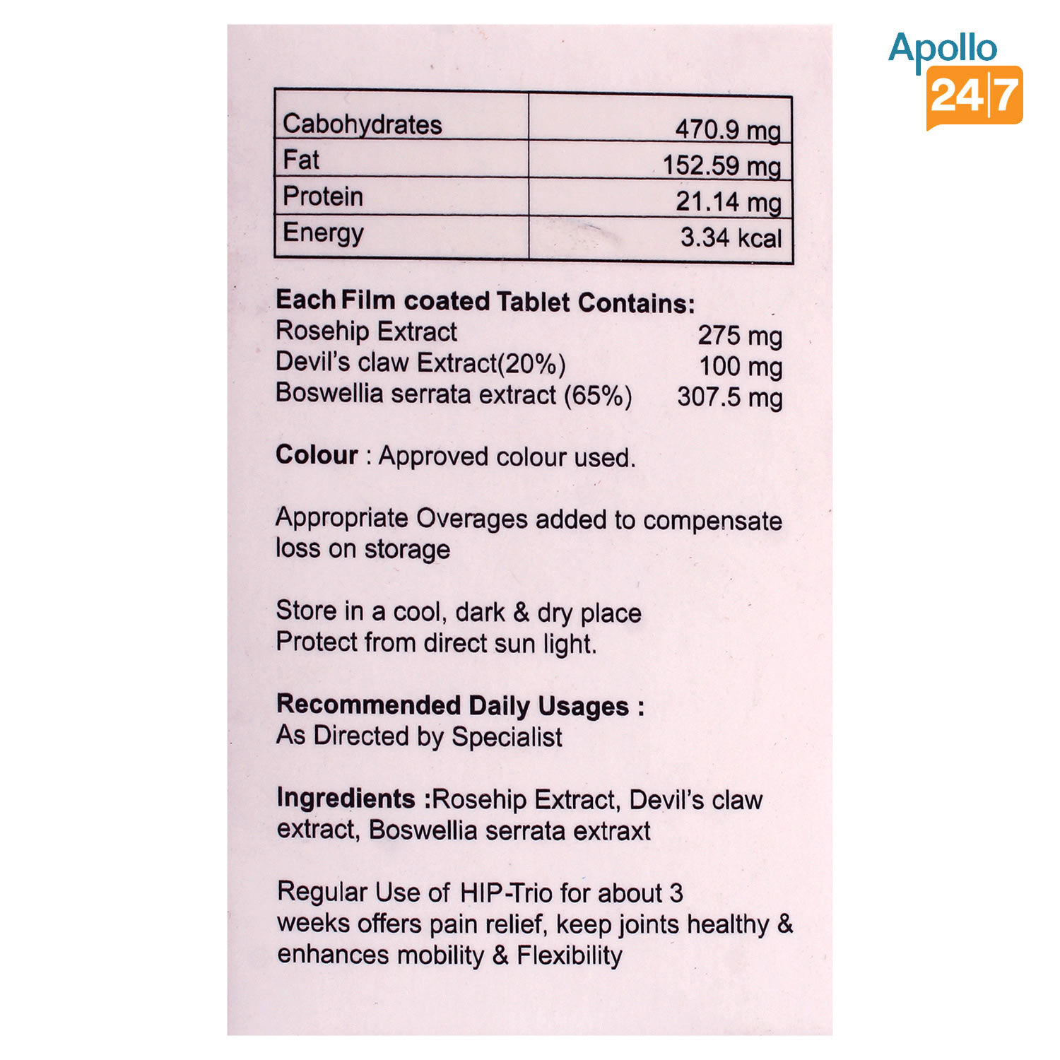 Hip Trio Tablet 20's Price, Uses, Side Effects, Composition Apollo