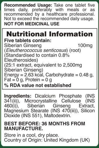 Holland & Barrett Siberian Ginseng 500 mg, 100 Tablets, Pack of 1 