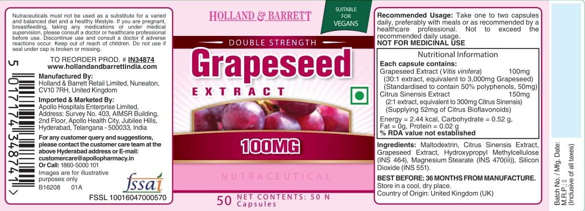 Holland & Barrett Double Strength Grapeseed Extract 100 mg, 50 Capsules, Pack of 1 