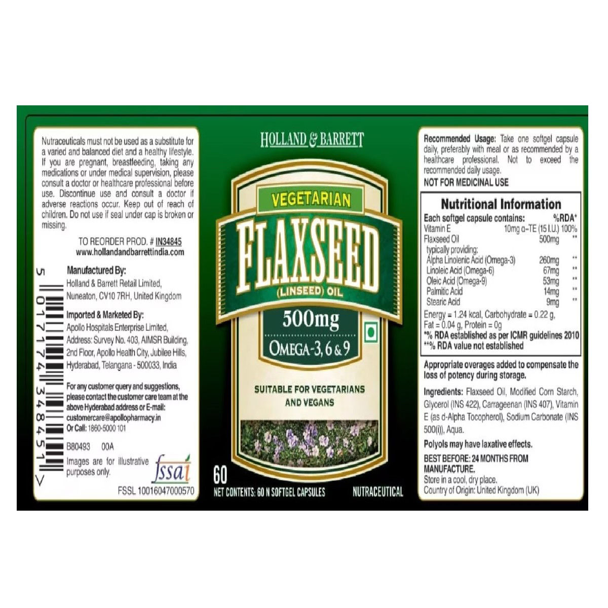Holland & Barrett Flaxseed Omega369 500 mg, 60 Capsules Price, Uses, Side Effects