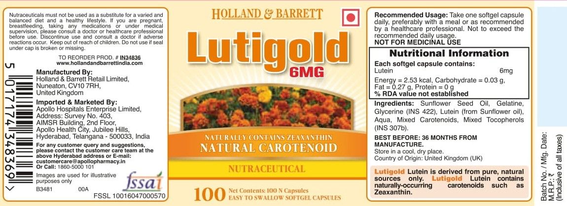 Holland & Barrett Lutigold Natural Carotenoid 6 mg, 100 Capsules, Pack of 1 