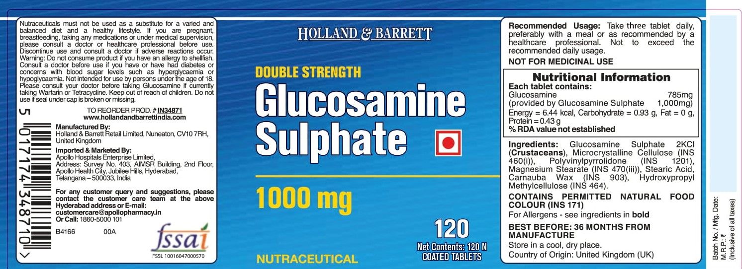 Holland & Barrett Double Strength Glucosamine Sulphate 1000 mg, 120 Caplets, Pack of 1 