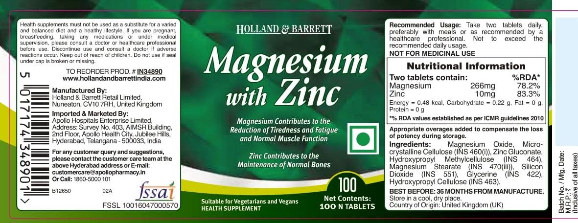 Holland & Barrett Magnesium with Zinc, 100 Tablets, Pack of 1 