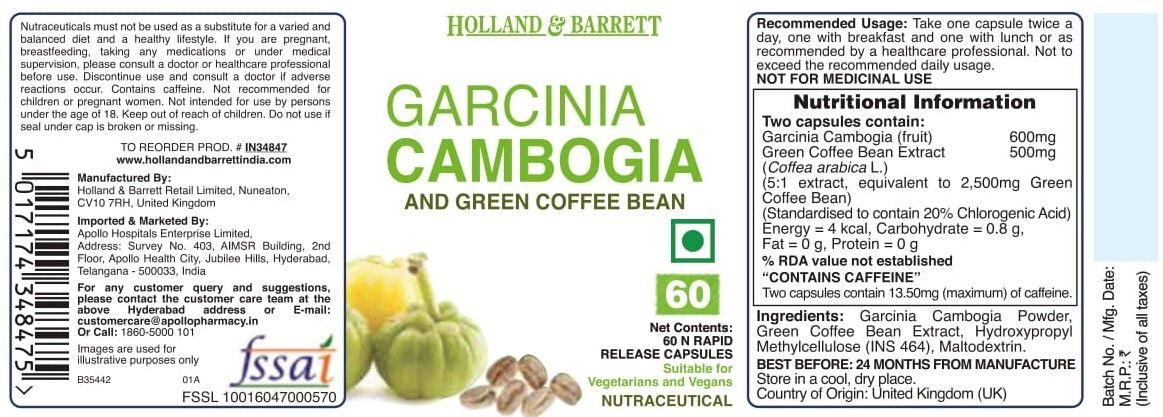 Holland & Barrett Garcinia Cambogia & Green Coffee Bean, 60 Capsules, Pack of 1 