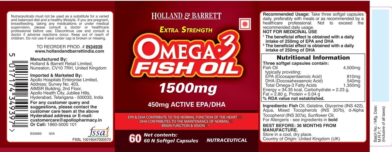 Holland & Barrett Extra Strength Omega 3 Fish Oil 1500 mg, 60 Capsules, Pack of 1 
