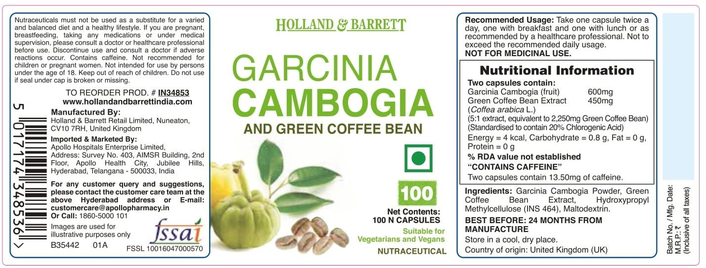 Holland & Barrett Garcinia Cambogia & Green Coffee Bean, 100 Capsules, Pack of 1 