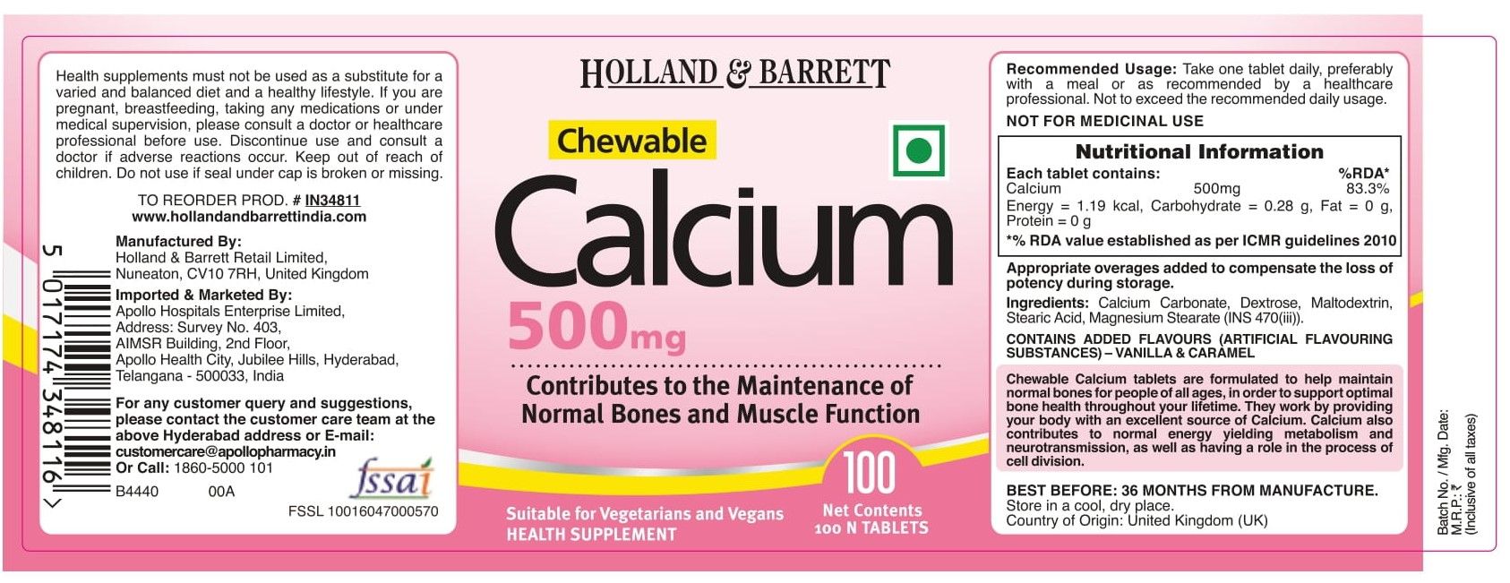 Holland & Barrett Calcium 500 mg, 100 Chewable Tablets, Pack of 1 
