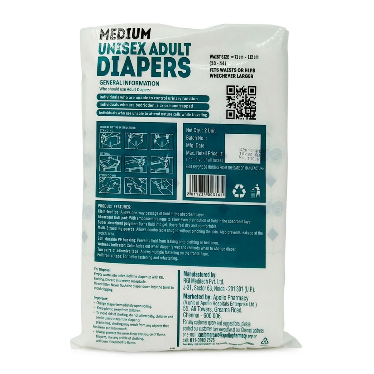 Apollo Life Unisex Adult Diapers Medium, 10 (2x5) Count Price, Uses