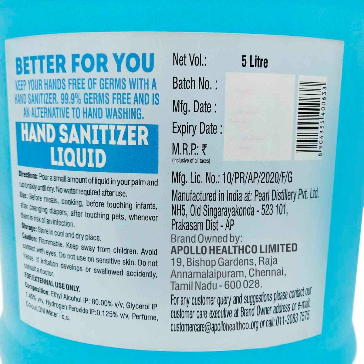 Apollo Life Hand Sanitizer, 5 Litre, Pack of 1 
