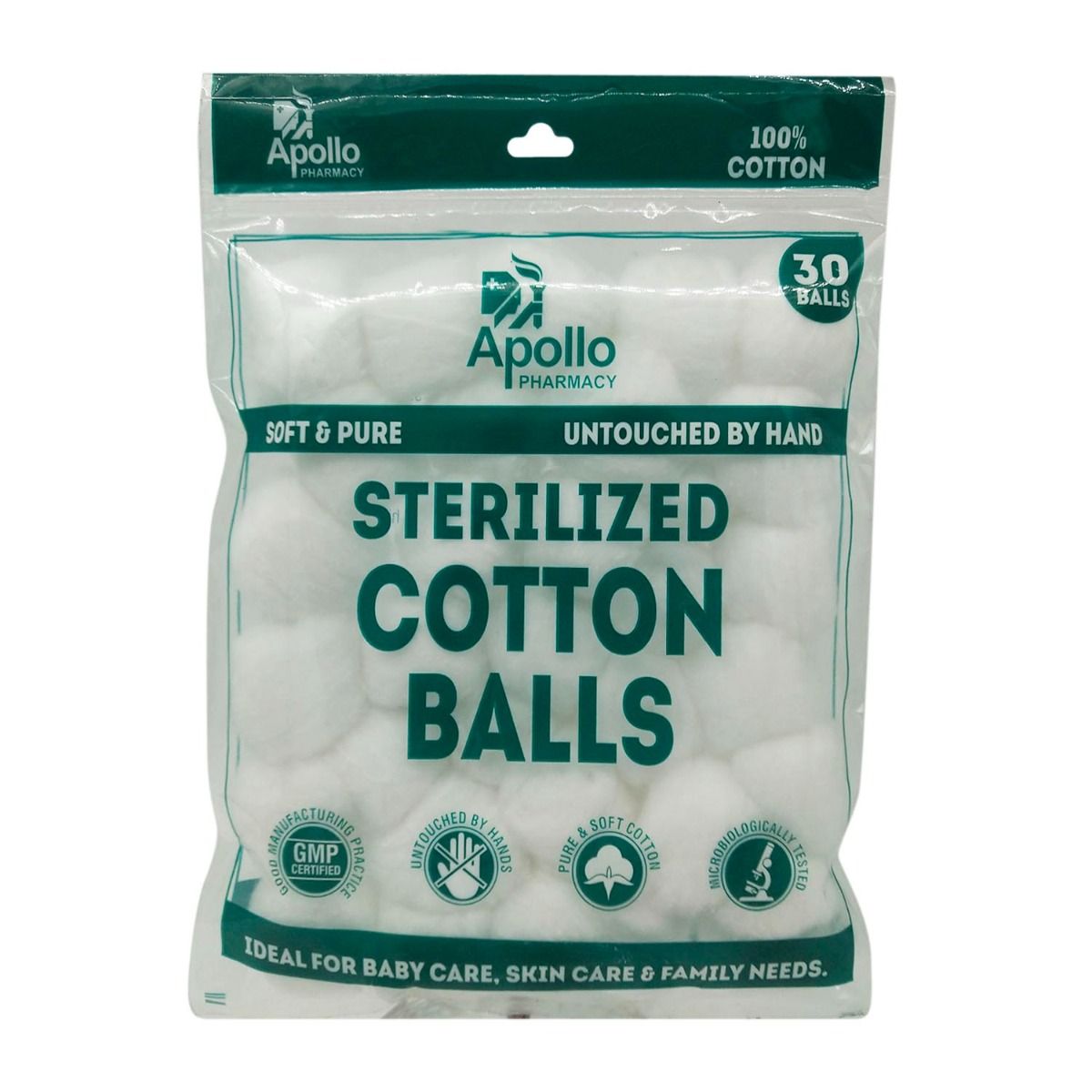 Apollo Pharmacy Sterilized Cotton Balls, 30 Count, Pack of 1 