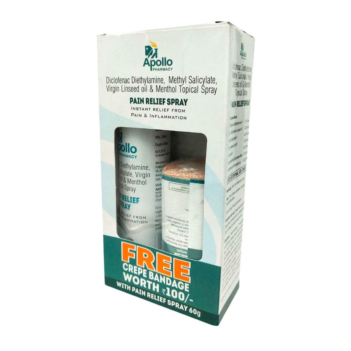 Buy Apollo Pharmacy Pain Relief Spray with Free Crepe Bandage, 60 gm Online