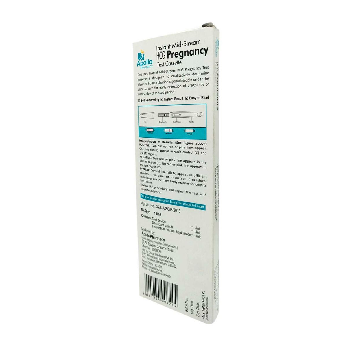 Apollo Pharmacy Instant Mid-Stream HCG Pregnancy Test Cassette, 1 Count, Pack of 1 