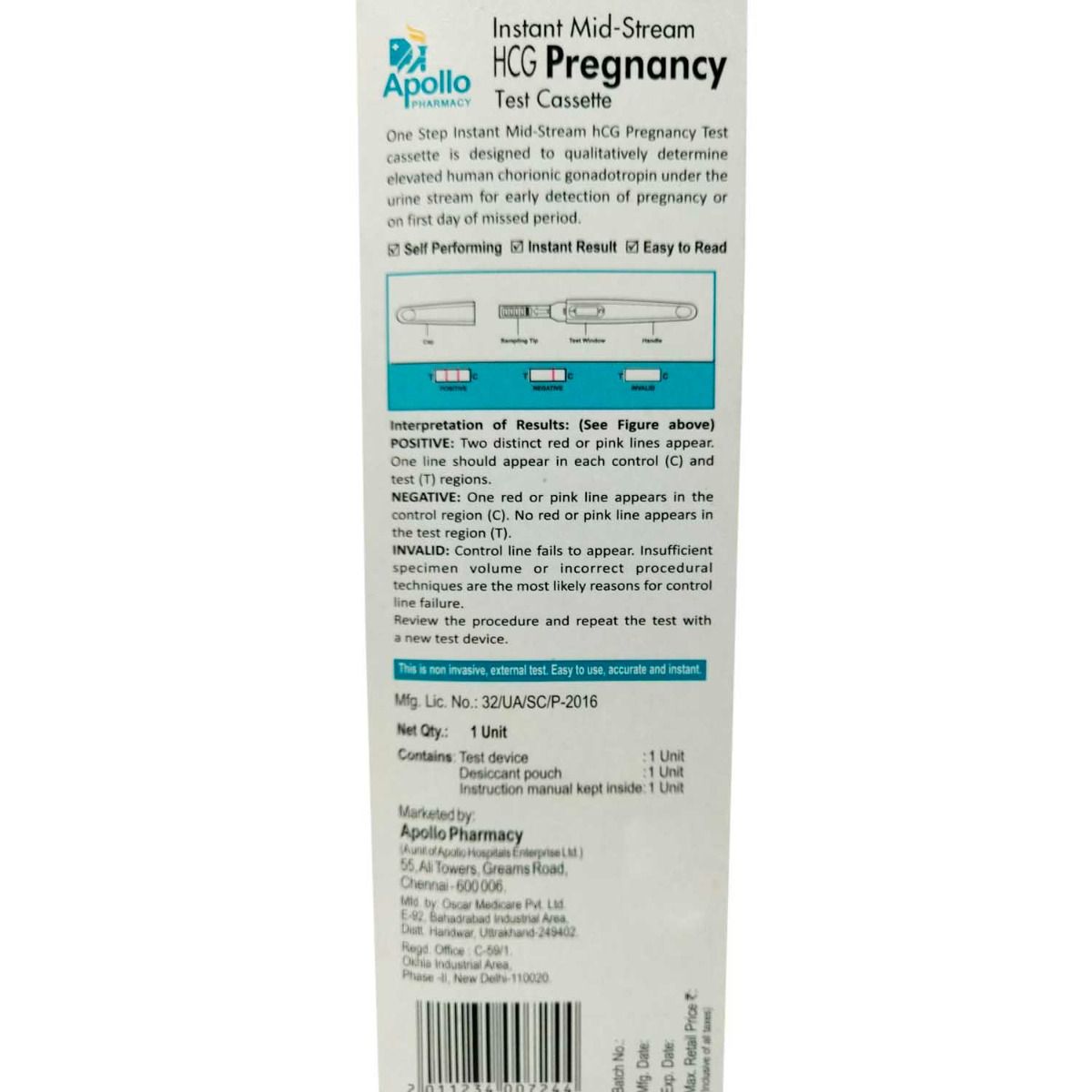 Apollo Pharmacy Instant Mid-Stream HCG Pregnancy Test Cassette, 1 Count, Pack of 1 