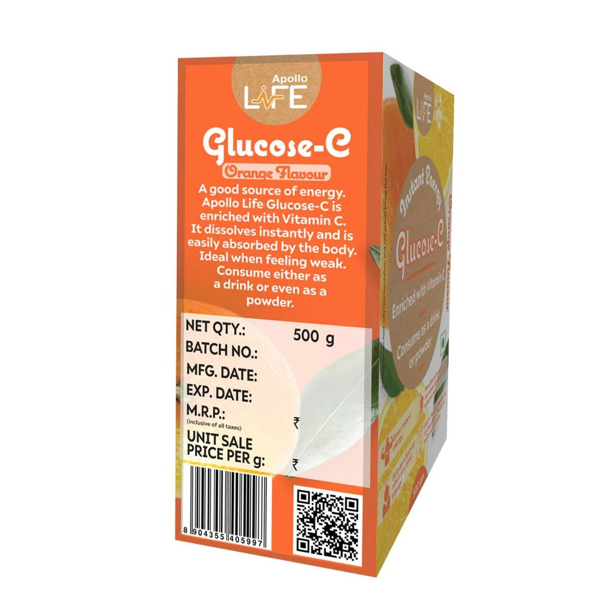 Apollo Life Glucose-D Orange Flavour Instant Energy Drink, 500 gm Refill Pack, Pack of 1 