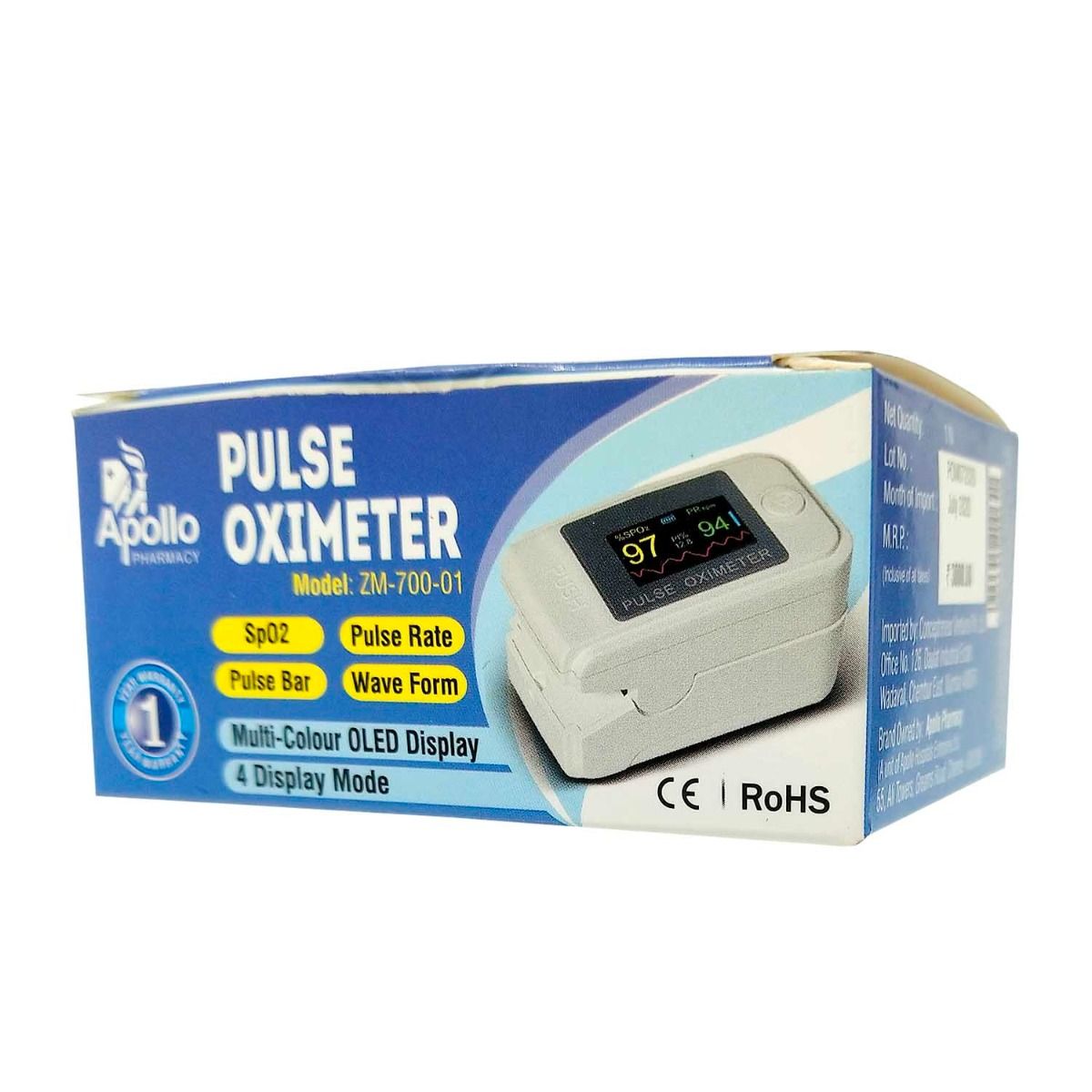 Apollo Pharmacy ZM-700-01 Pulse Oximeter, 1 Count, Pack of 1 