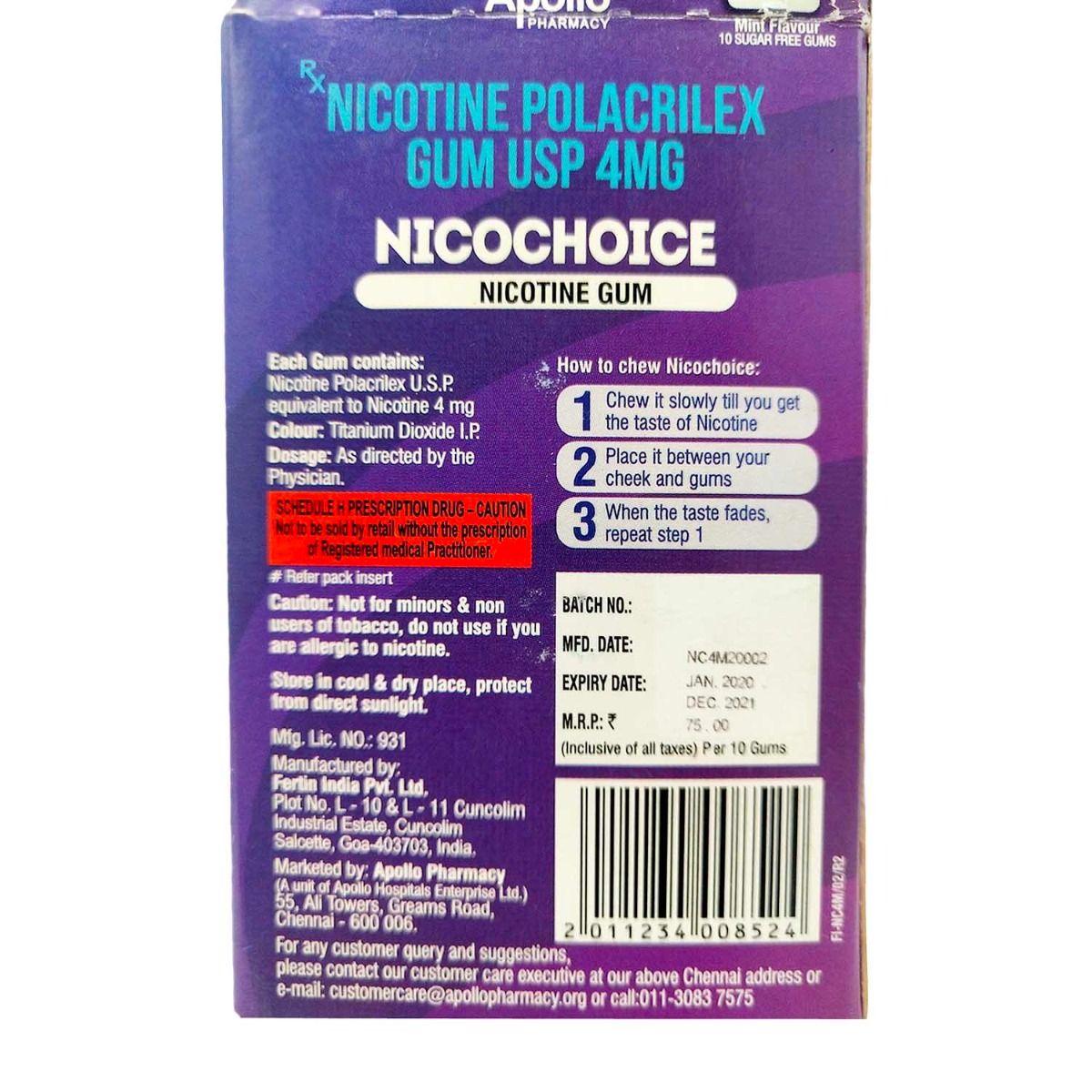 Apollo Pharmacy Nicochoice 4 mg Nicotine Gum, 40 Count, Pack of 4 S