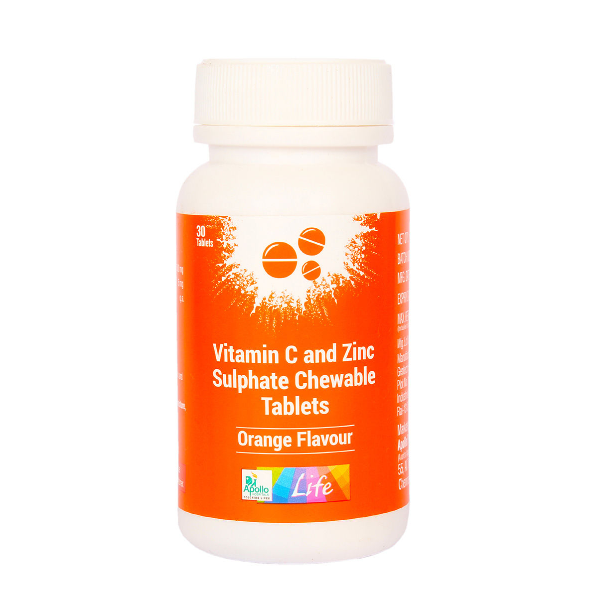 Buy Apollo Life Vitamin C & Zinc Sulphate Chewable Orange Flavour Tablets, 30 Count Online