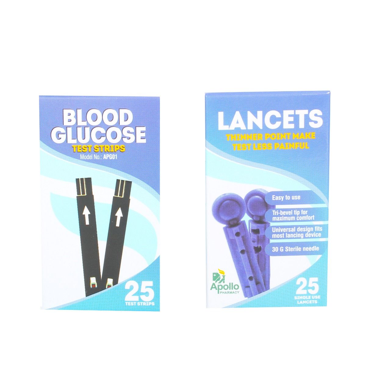 Buy Apollo Pharmacy Blood Glucose 25 Test Strips + 25 Lancets, 1 kit Online