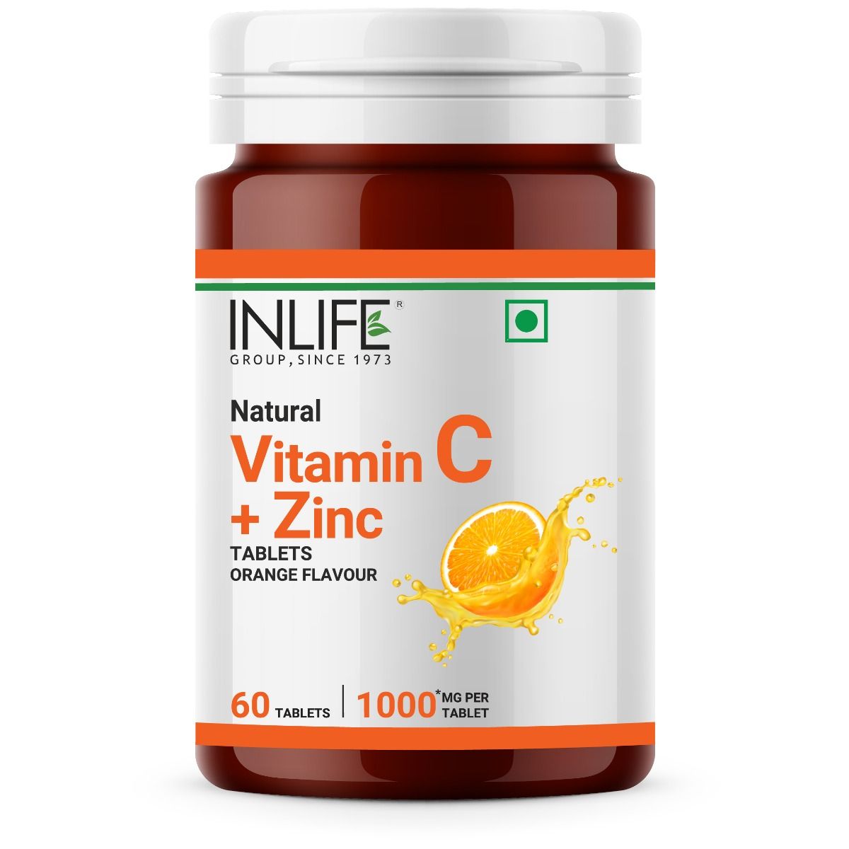 Inlife Orange Flavored Natural Vitamin C + Zinc 1000 mg, 60 Tablets, Pack of 1 