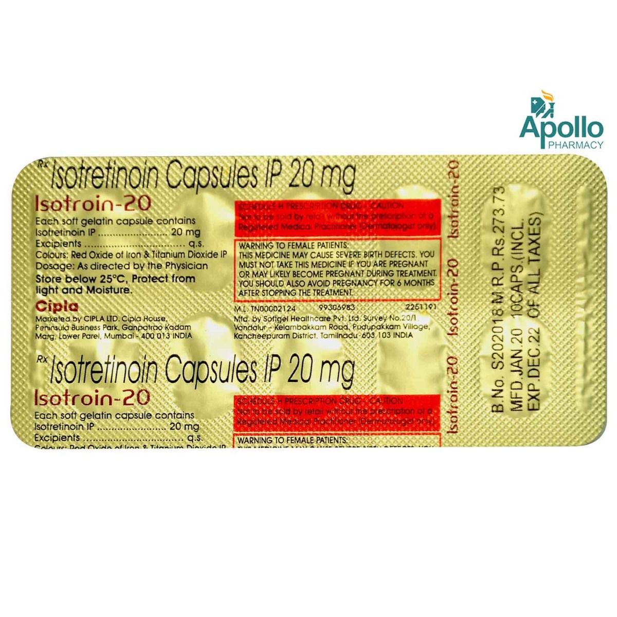 Isotroin 20 Capsule 10s Price Uses Side Effects Composition