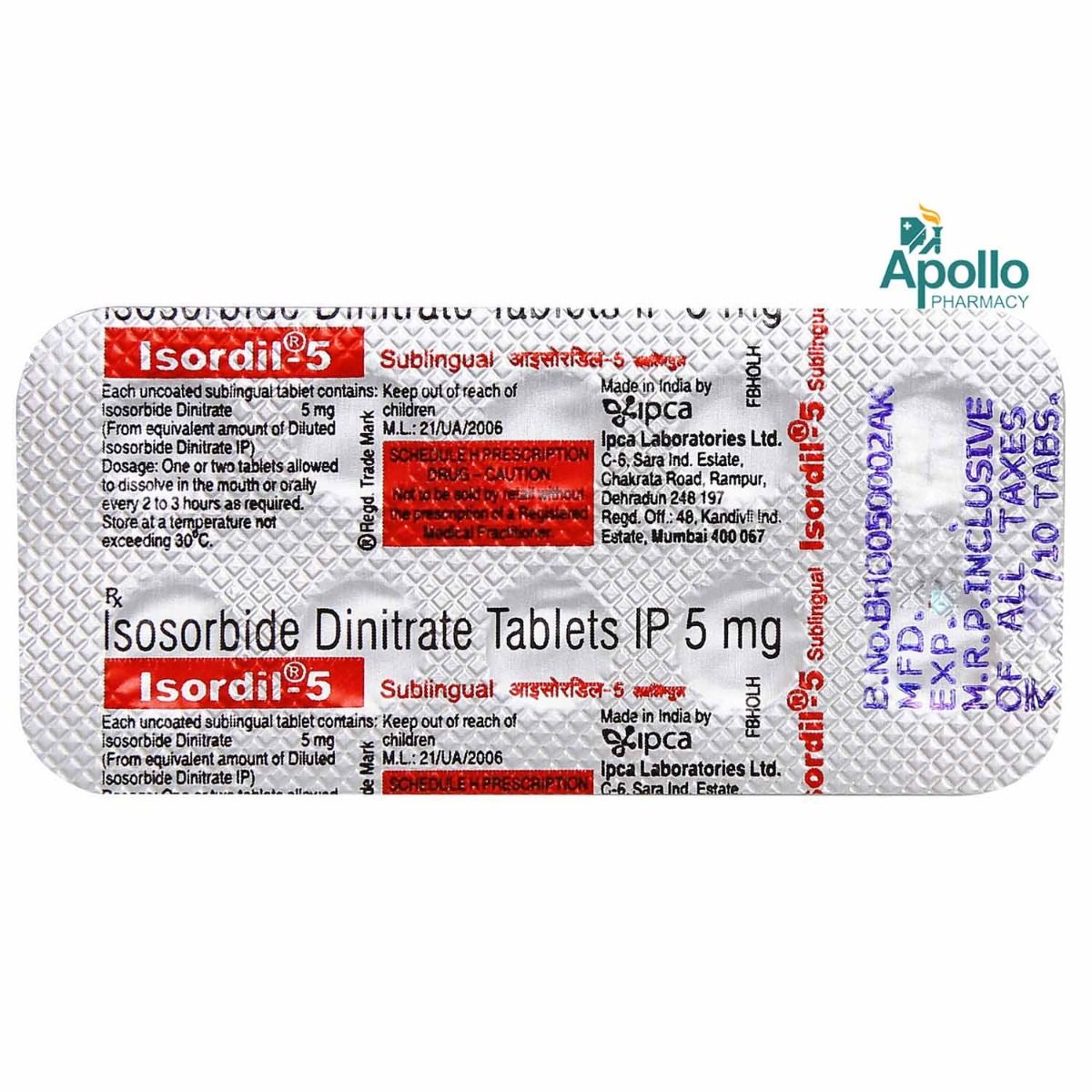 Isordil 5 Sublingual Tablet 10's, Pack of 10 TABLETS