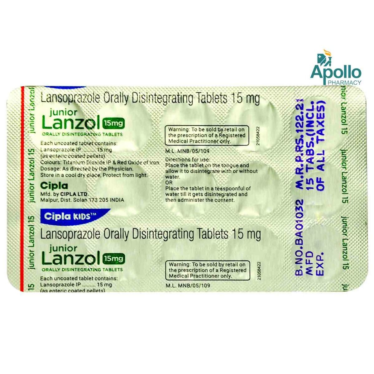 Junior Lanzol 15 mg Tablet 15's Price, Uses, Side Effects, Composition