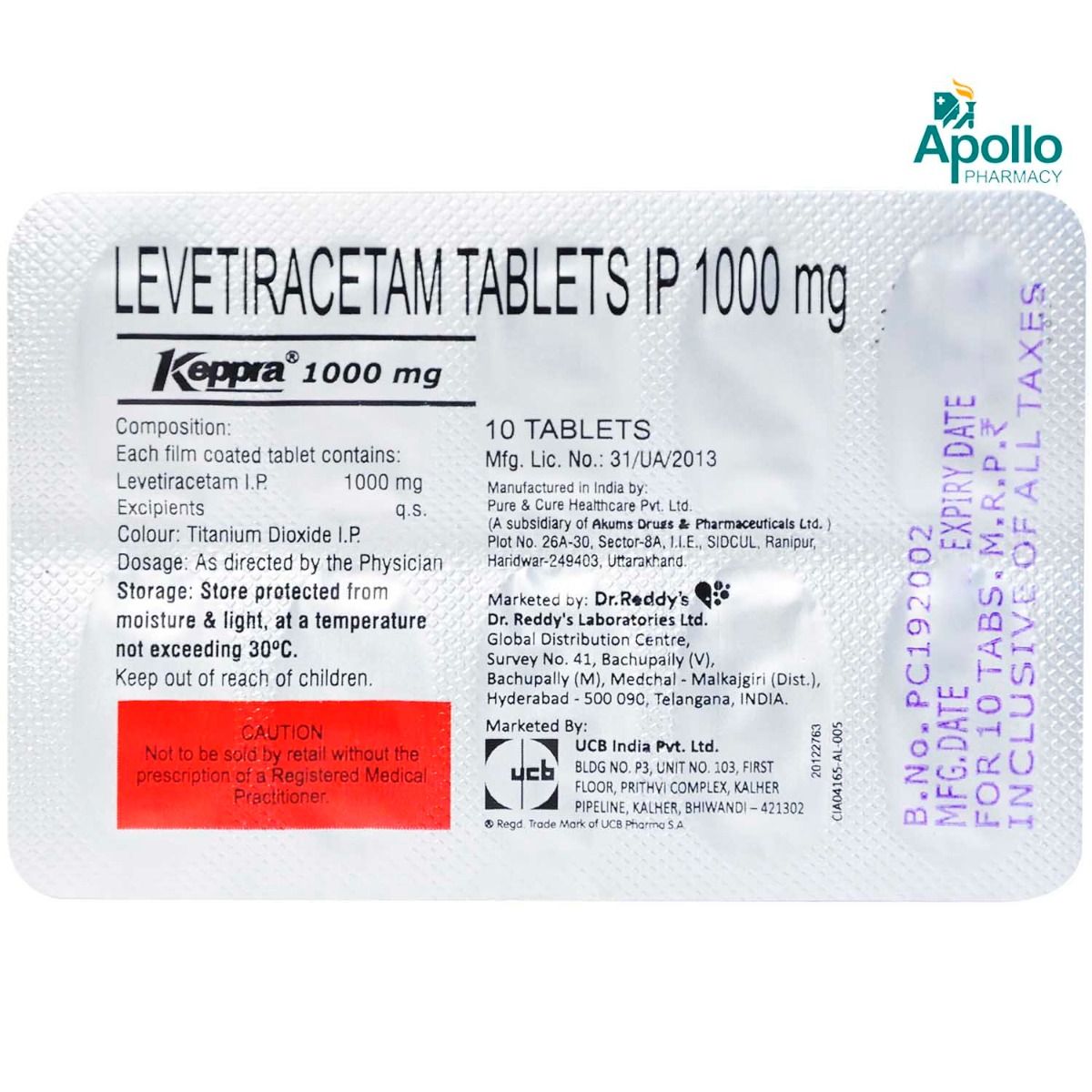 Keppra 1000 Tablet 10's Price, Uses, Side Effects, Composition Apollo