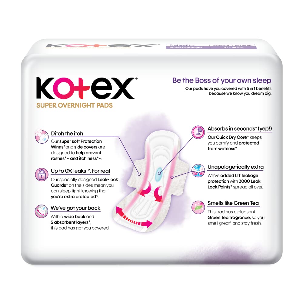 Kotex Super Overnight Sanitary Pads XL+, 14 Count Price, Uses, Side