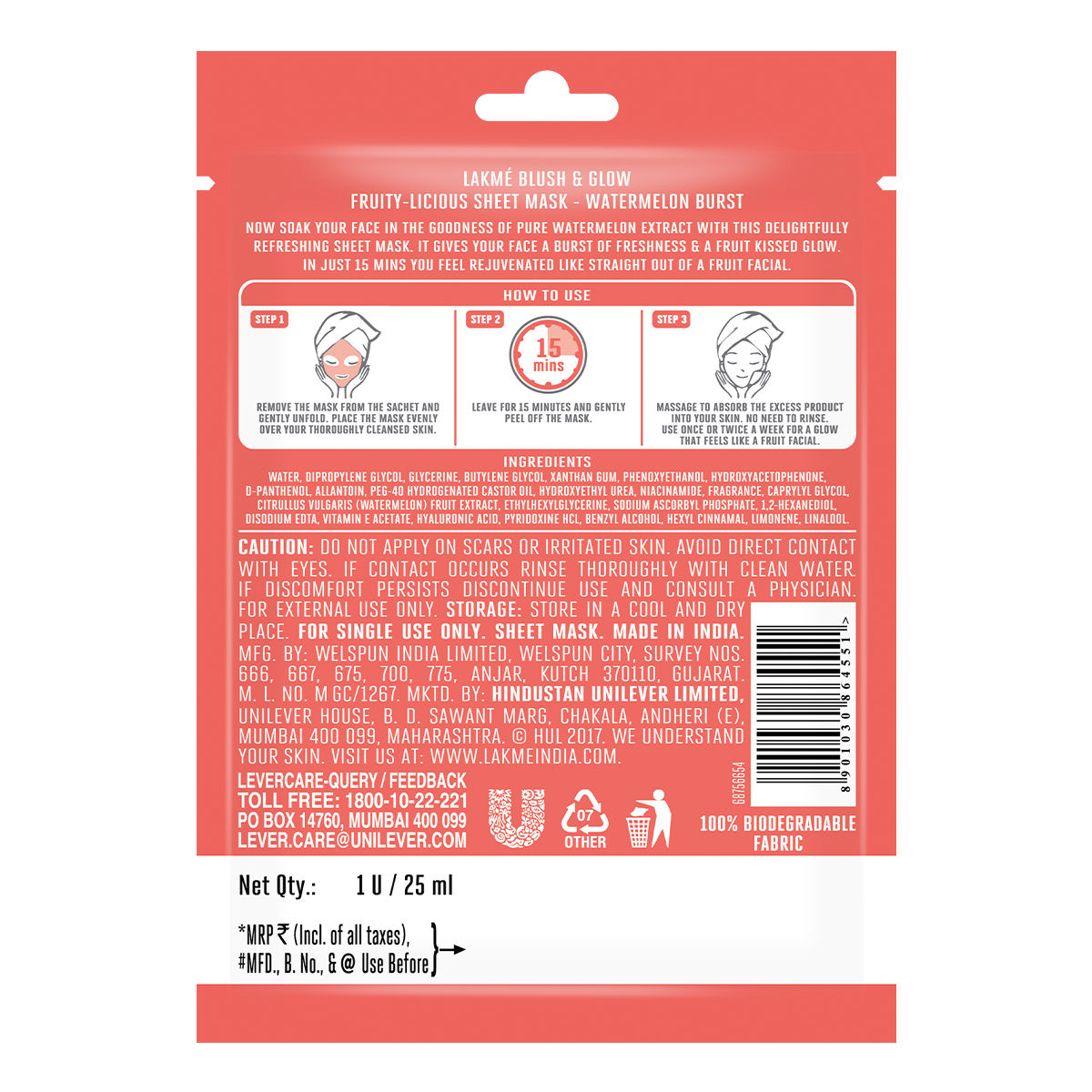 Lakme Blush & Glow Watermelon Sheet Mask, 50 ml (2 x 25 ml) Price, Uses