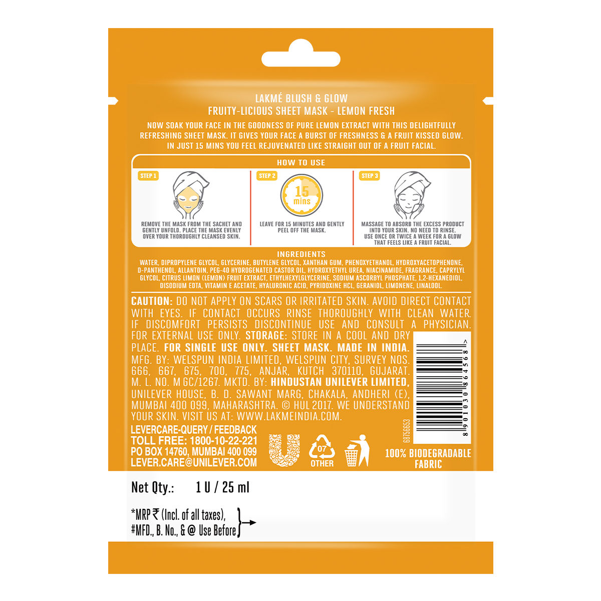 Lakme Blush & Glow Lemon Sheet Mask, 50 ml (2 x 25 ml) Price, Uses