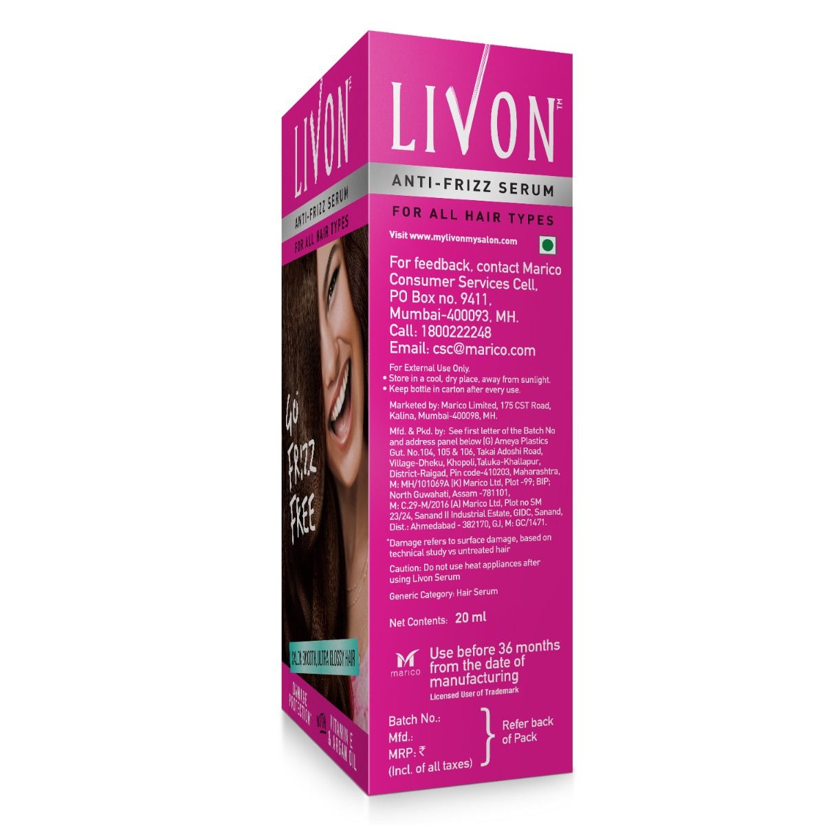 Livon Anti-Frizz Serum For All Hair Types, 20ml, Pack of 1 