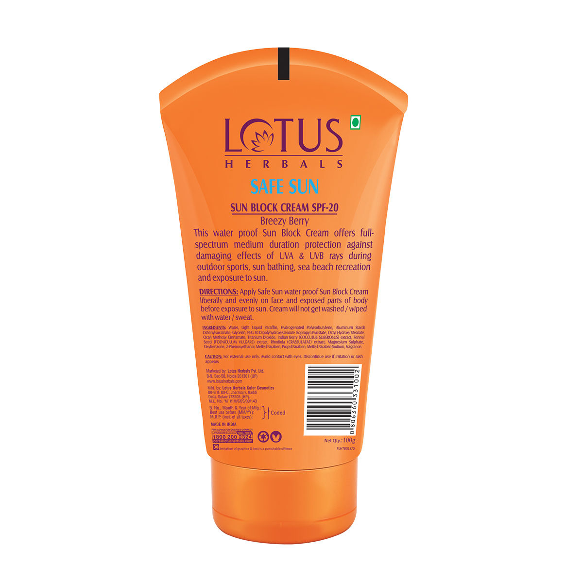Lotus Herbals Safe Sun Sun Block Cream SPF 20 PA+ UVA & UVB, 100 gm, Pack of 1 