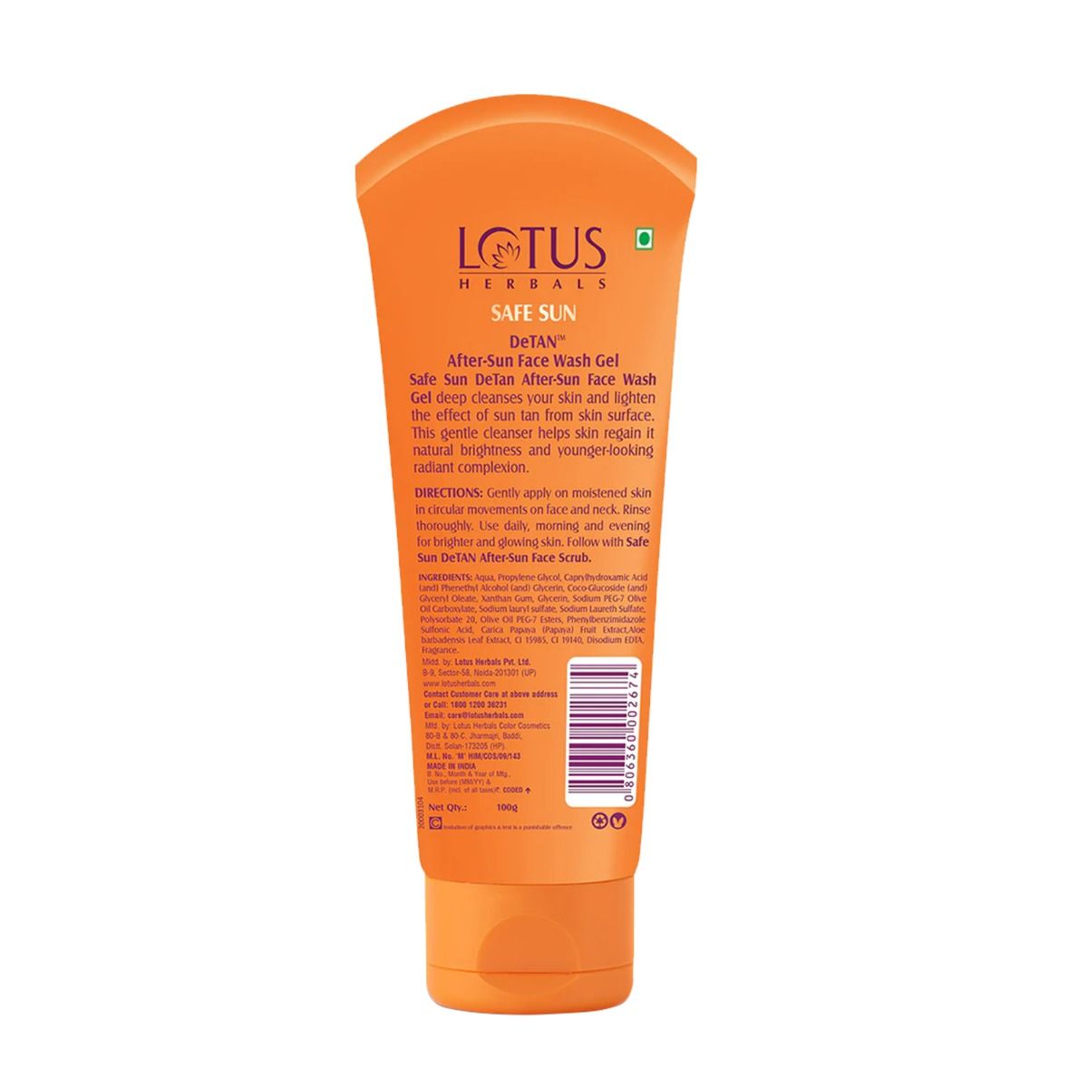 Lotus Herbals Safe Sun DeTan After-Sun Papaya & Aloe Vera Face Wash Gel, 100 gm, Pack of 1 